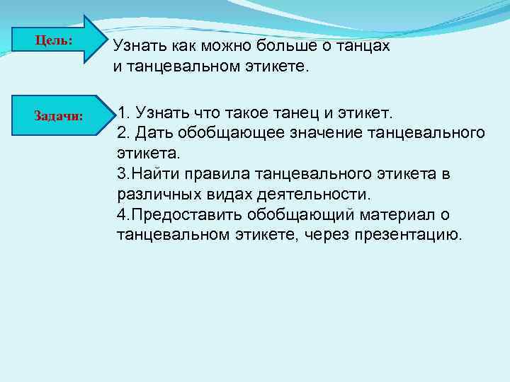 Цель: Узнать как можно больше о танцах и танцевальном этикете. Задачи: 1. Узнать что