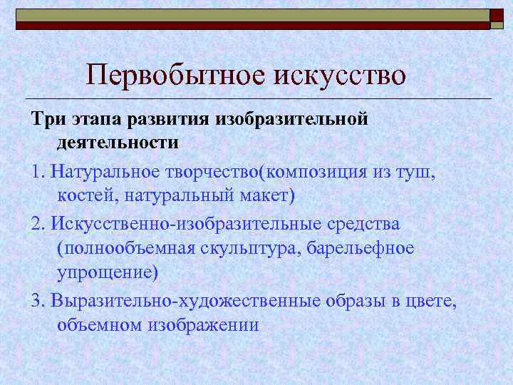 Первобытное искусство Три этапа развития изобразительной деятельности 1. Натуральное творчество(композиция из туш, костей, натуральный