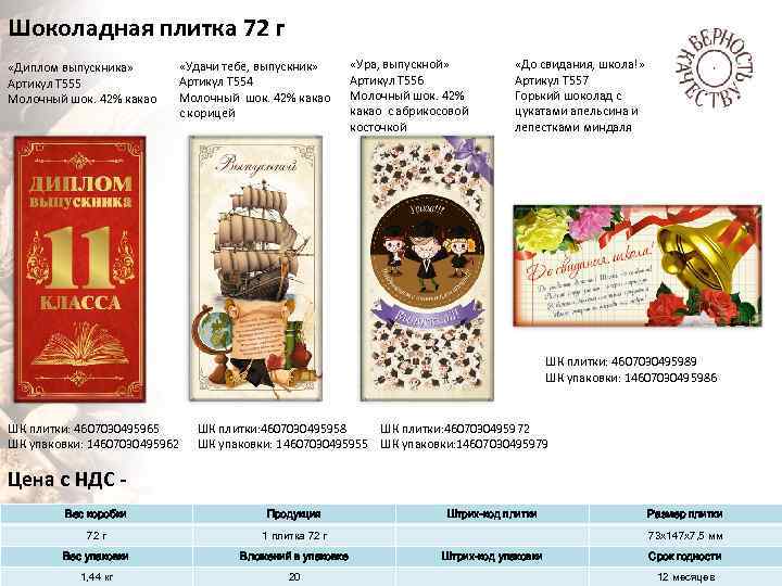 Шоколадная плитка 72 г «Диплом выпускника» Артикул Т 555 Молочный шок. 42% какао «Удачи