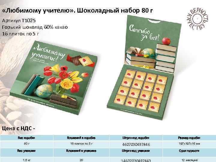  «Любимому учителю» . Шоколадный набор 80 г Артикул Т 1025 Горький шоколад 60%