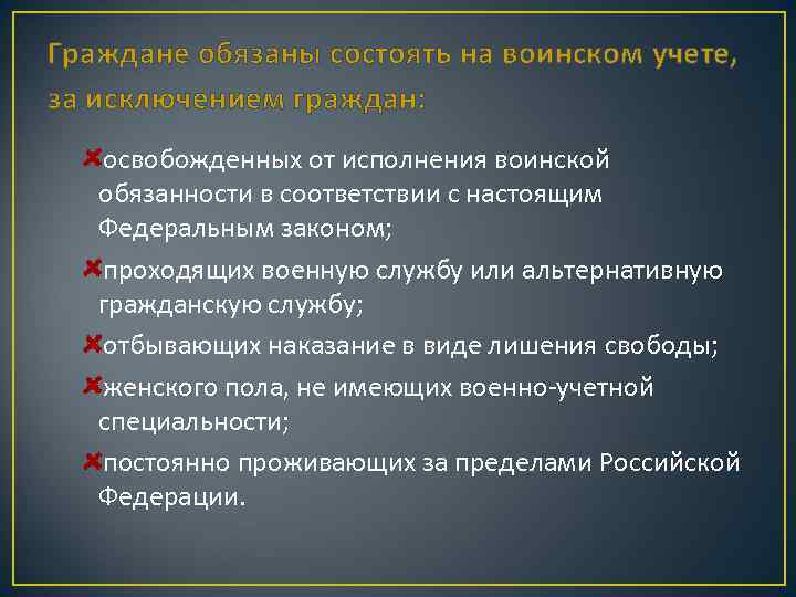 Граждане обязаны состоять на воинском учете, за исключением граждан: освобожденных от исполнения воинской обязанности