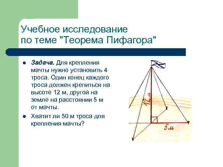 Учебное исследование по теме "Теорема Пифагора" l l Задача. Для крепления мачты нужно установить