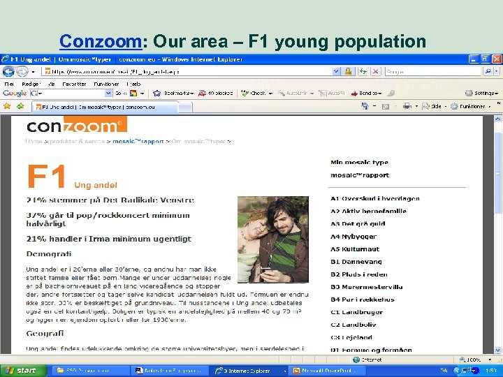 Conzoom: Our area – F 1 young population 37 Market perspective - user needs