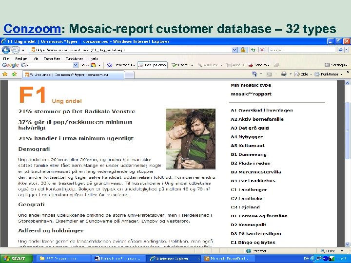 Conzoom: Mosaic-report customer database – 32 types 38 Market perspective - user needs 