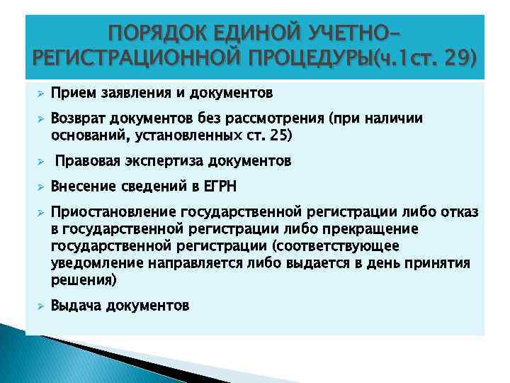 ПОРЯДОК ЕДИНОЙ УЧЕТНОРЕГИСТРАЦИОННОЙ ПРОЦЕДУРЫ(ч. 1 ст. 29) Ø Ø Ø Прием заявления и документов