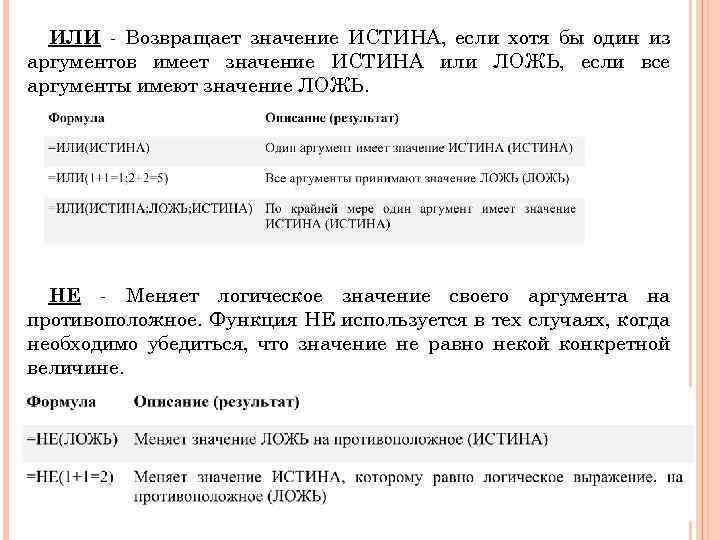 ИЛИ - Возвращает значение ИСТИНА, если хотя бы один из аргументов имеет значение ИСТИНА