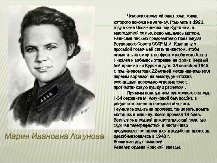 Мария Ивановна Логунова Человек огромной силы воли, жизнь которого похожа на легенду. Родилась в