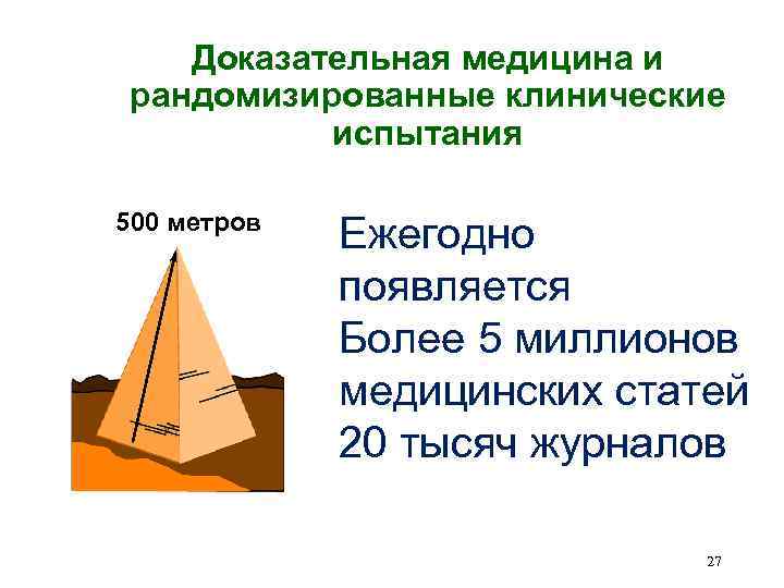 Доказательная медицина и рандомизированные клинические испытания 500 метров Ежегодно появляется Более 5 миллионов медицинских