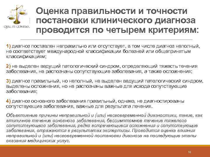 Оценка правильности и точности постановки клинического диагноза проводится по четырем критериям: 1) диагноз поставлен