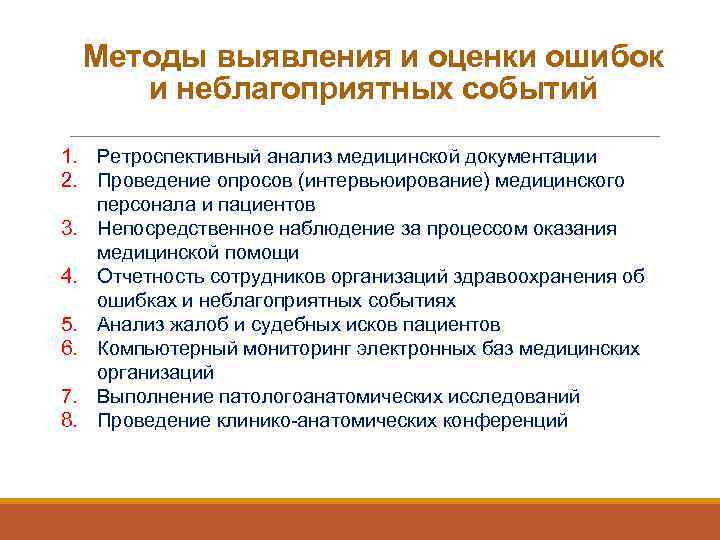 Методы выявления и оценки ошибок и неблагоприятных событий 1. Ретроспективный анализ медицинской документации 2.