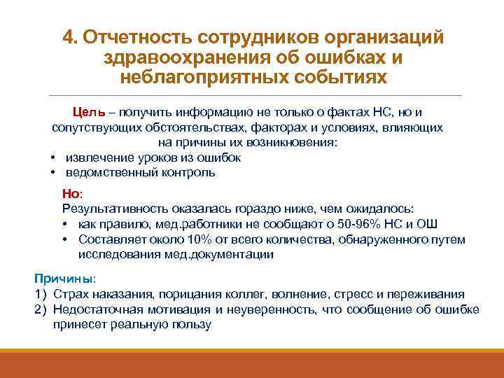 4. Отчетность сотрудников организаций здравоохранения об ошибках и неблагоприятных событиях Цель – получить информацию