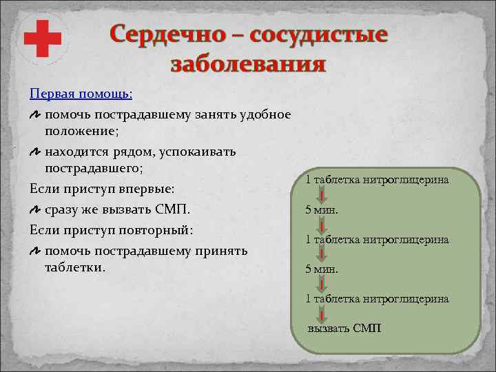 Первая помощь: помочь пострадавшему занять удобное положение; находится рядом, успокаивать пострадавшего; Если приступ впервые: