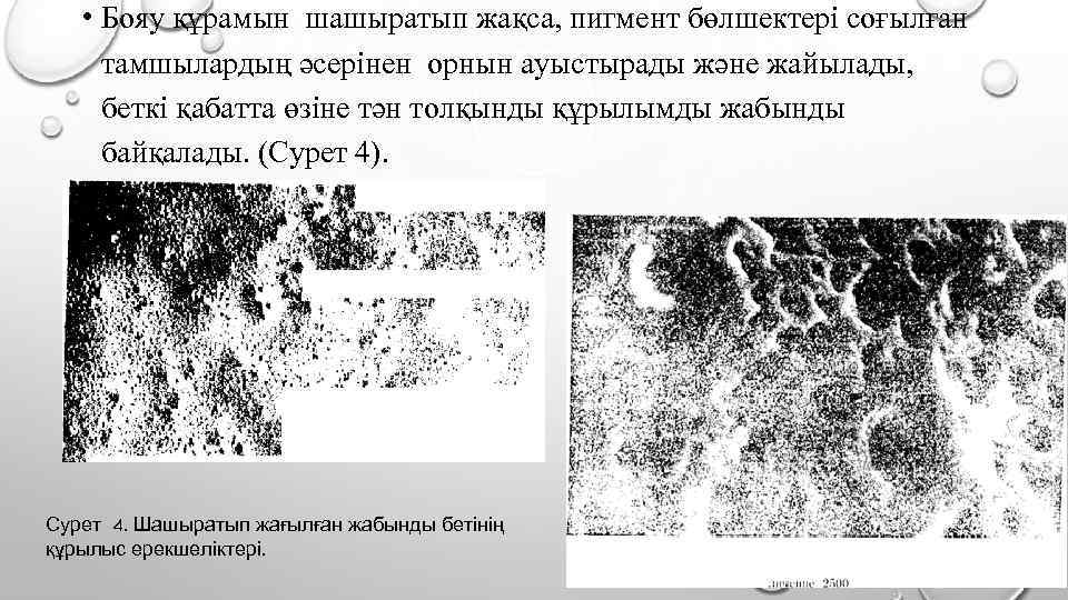  • Бояу құрамын шашыратып жақса, пигмент бөлшектері соғылған тамшылардың әсерінен орнын ауыстырады және