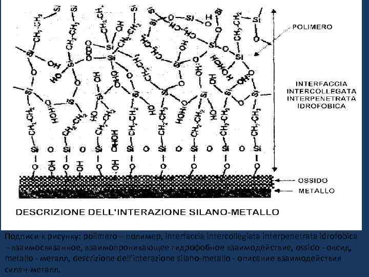 Подписи к рисунку: polimero – полимер, interfaccia intercollegiata interpenetrata idrofobica – взаимосвязанное, взаимопроникающее гидрофобное