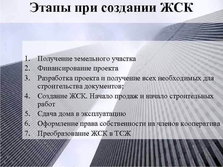 Этапы при создании ЖСК 1. Получение земельного участка 2. Финансирование проекта 3. Разработка проекта