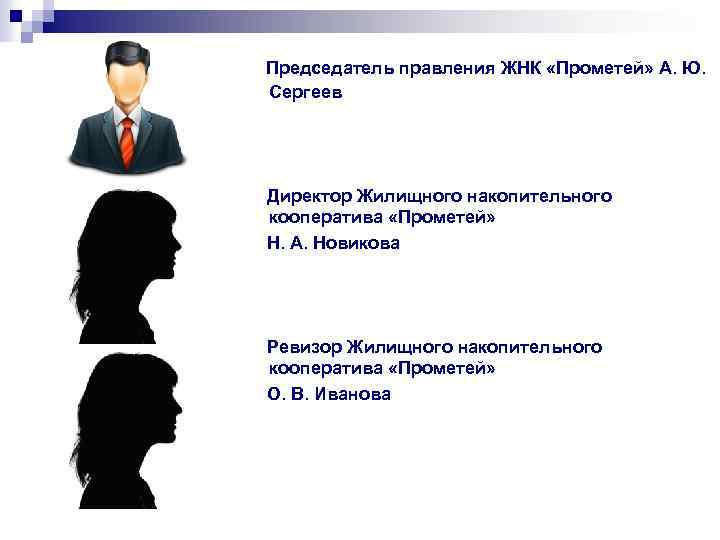 Председатель правления ЖНК «Прометей» А. Ю. Сергеев Директор Жилищного накопительного кооператива «Прометей» Н. А.
