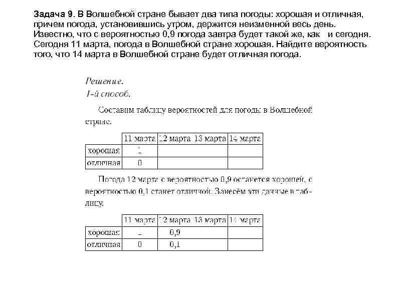 Задача 9. В Волшебной стране бывает два типа погоды: хорошая и отличная, причем погода,