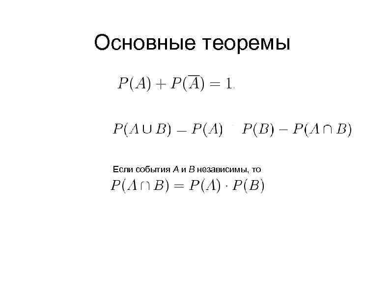 Основные теоремы Если события А и B независимы, то 