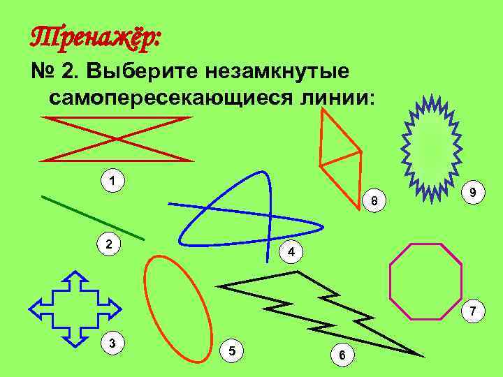 Тренажёр: № 2. Выберите незамкнутые самопересекающиеся линии: 1 8 2 9 4 7 3