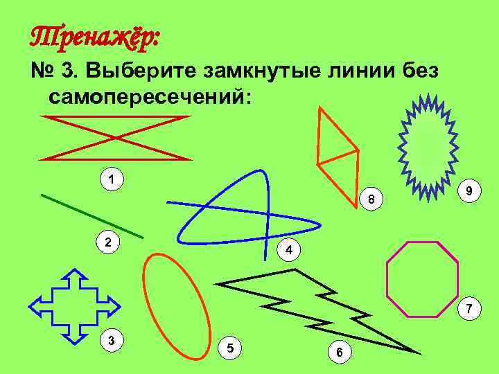 Тренажёр: № 3. Выберите замкнутые линии без самопересечений: 1 8 2 9 4 7