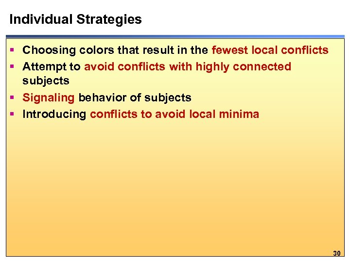 Individual Strategies § Choosing colors that result in the fewest local conflicts § Attempt