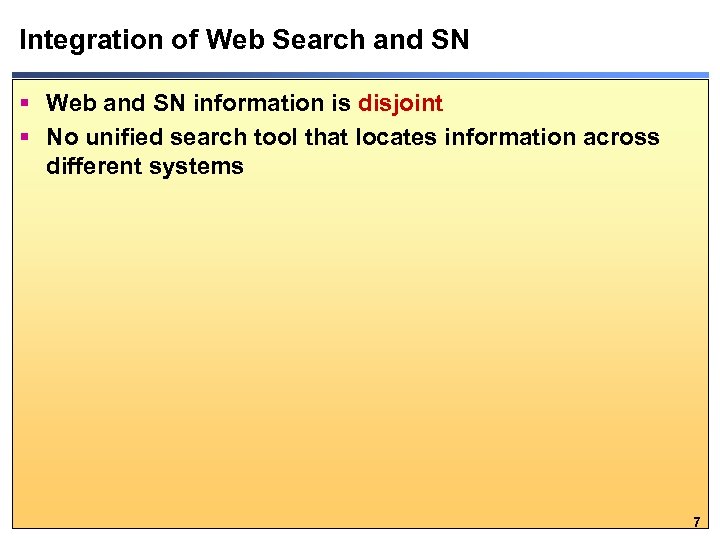 Integration of Web Search and SN § Web and SN information is disjoint §