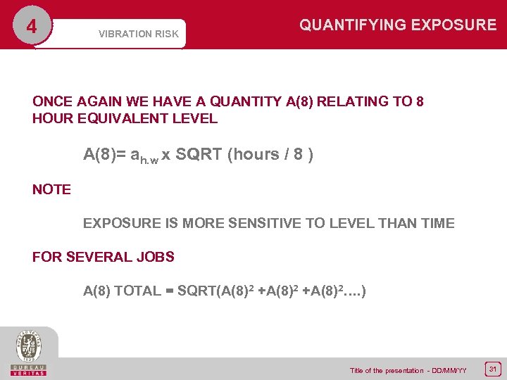 4 VIBRATION RISK QUANTIFYING EXPOSURE ONCE AGAIN WE HAVE A QUANTITY A(8) RELATING TO