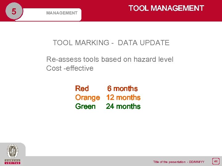 5 MANAGEMENT TOOL MARKING - DATA UPDATE Re-assess tools based on hazard level Cost