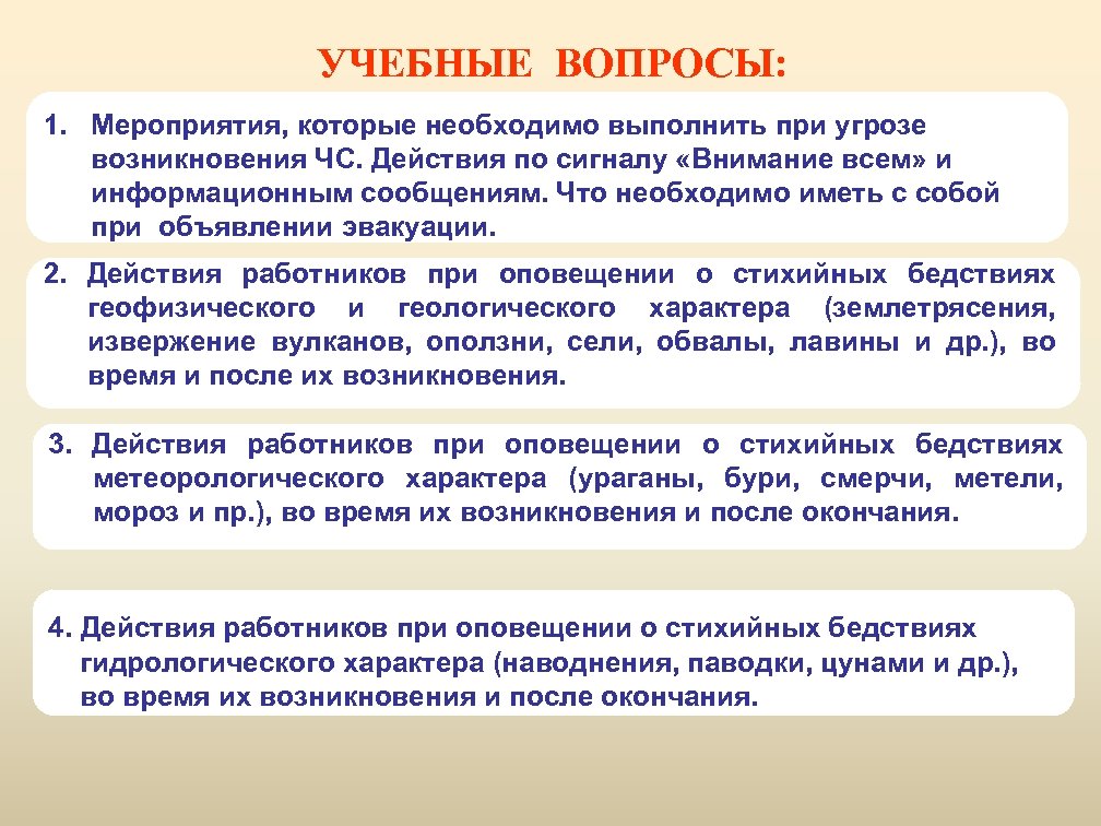 УЧЕБНЫЕ ВОПРОСЫ: 1. Мероприятия, которые необходимо выполнить при угрозе возникновения ЧС. Действия по сигналу