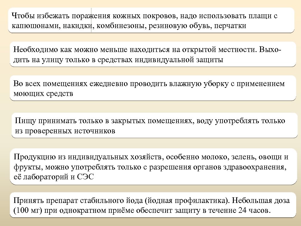 Чтобы избежать поражения кожных покровов, надо использовать плащи с капюшонами, накидки, комбинезоны, резиновую обувь,