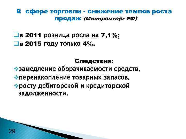 В сфере торговли - снижение темпов роста продаж (Минпромторг РФ): qв 2011 розница росла