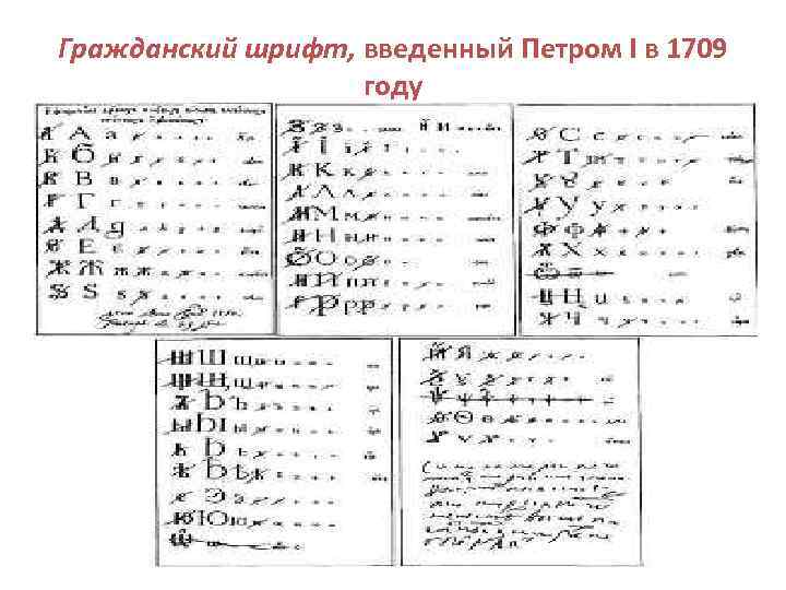 Гражданский шрифт, введенный Петром I в 1709 году 