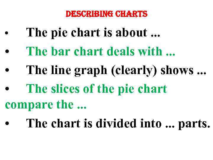 describing charts The pie chart is about. . . • The bar chart deals