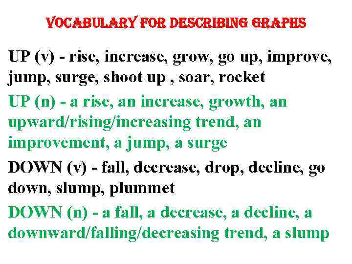 vocabulary for describing graphs UP (v) - rise, increase, grow, go up, improve, jump,