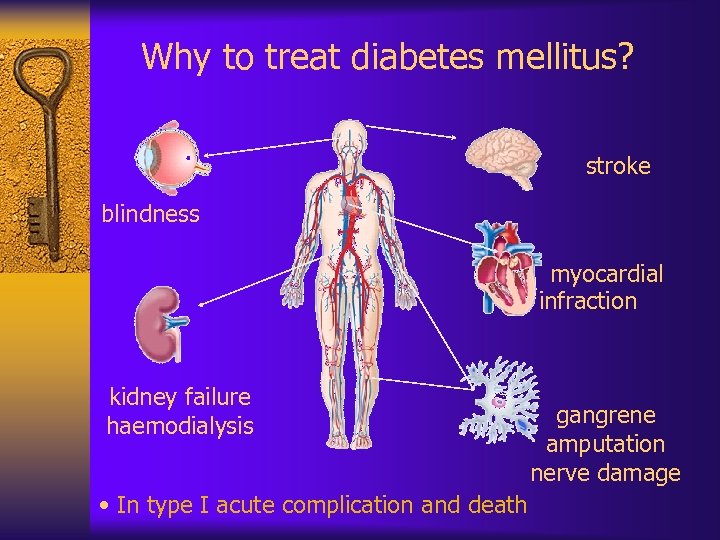 Why to treat diabetes mellitus? stroke blindness myocardial infraction kidney failure haemodialysis • In