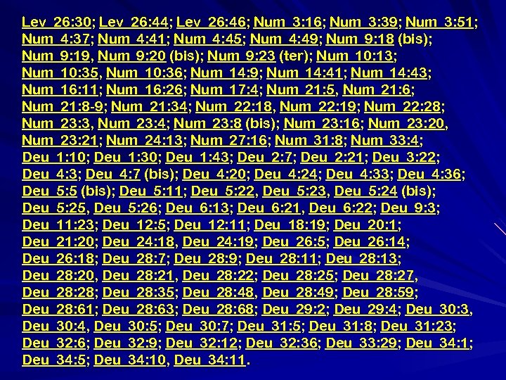 Lev_26: 30; Lev_26: 44; Lev_26: 46; Num_3: 16; Num_3: 39; Num_3: 51; Num_4: 37;