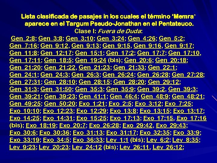 Lista clasificada de pasajes in los cuales el término ‘Memra’ aparece en el Targum