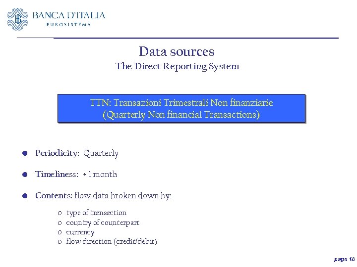 Data sources The Direct Reporting System TTN: Transazioni Trimestrali Non finanziarie (Quarterly Non financial