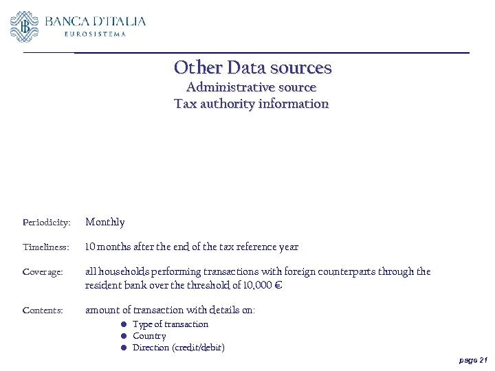Other Data sources Administrative source Tax authority information The Periodicity: Monthly Timeliness: 10 months