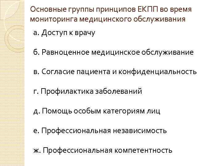 Основные группы принципов ЕКПП во время мониторинга медицинского обслуживания а. Доступ к врачу б.