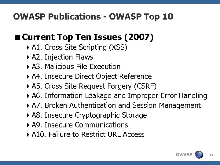 OWASP Publications - OWASP Top 10 <Current Top Ten Issues (2007) 4 A 1.