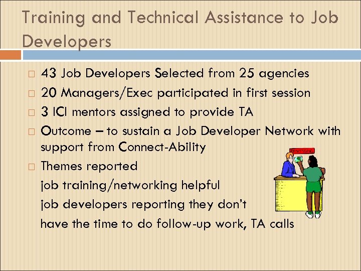 Training and Technical Assistance to Job Developers 43 Job Developers Selected from 25 agencies