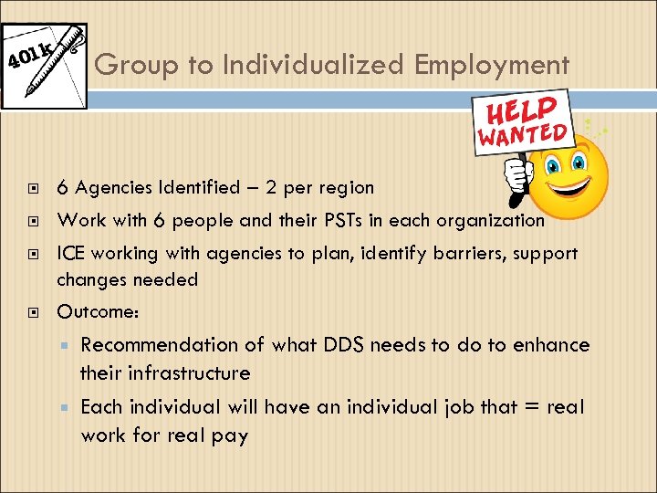 Group to Individualized Employment 6 Agencies Identified – 2 per region Work with 6