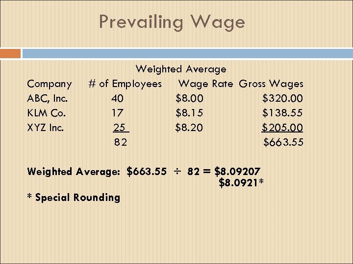 Prevailing Wage Company ABC, Inc. KLM Co. XYZ Inc. Weighted Average # of Employees