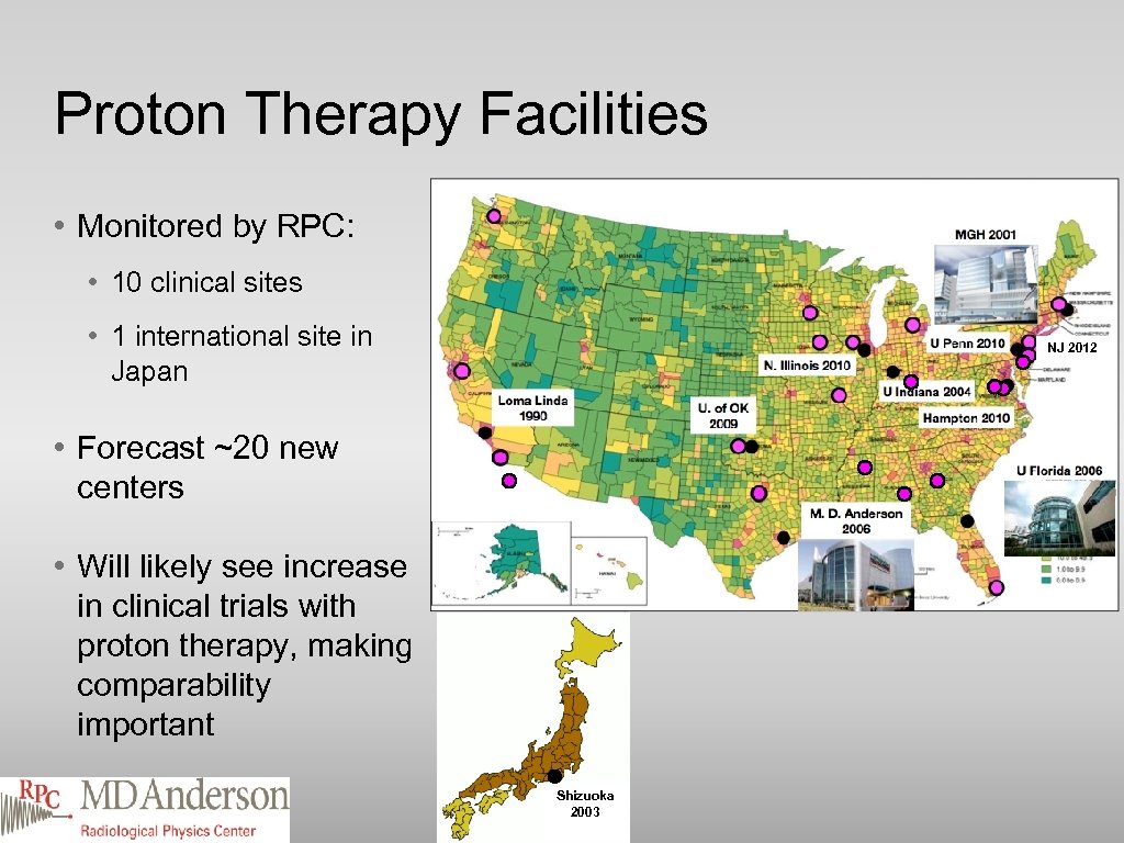 Proton Therapy Facilities • Monitored by RPC: • 10 clinical sites • 1 international