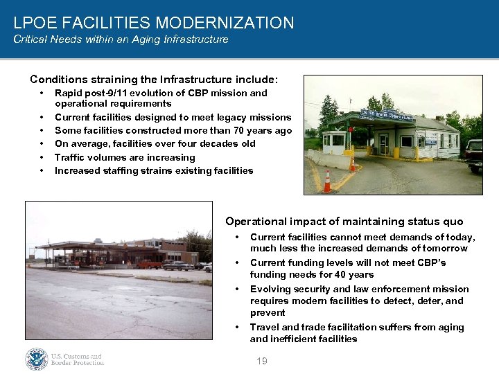 LPOE FACILITIES MODERNIZATION Critical Needs within an Aging Infrastructure Conditions straining the Infrastructure include: