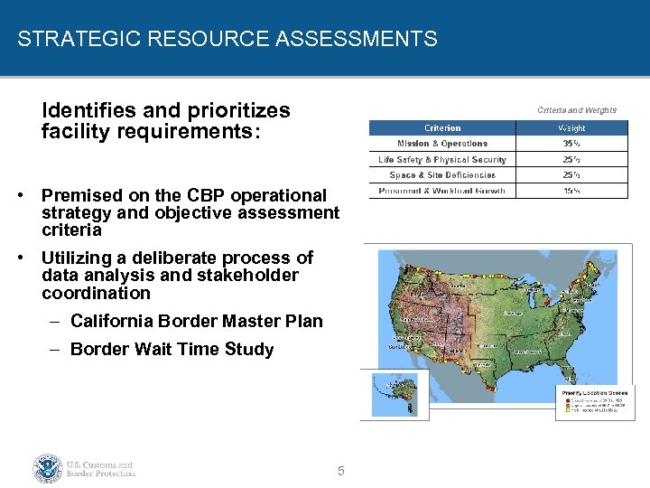 STRATEGIC RESOURCE ASSESSMENTS Identifies and prioritizes facility requirements: Criteria and Weights • Premised on