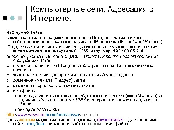 Компьютерные сети. Адресация в Интернете. Что нужно знать: каждый компьютер, подключенный к сети Интернет,