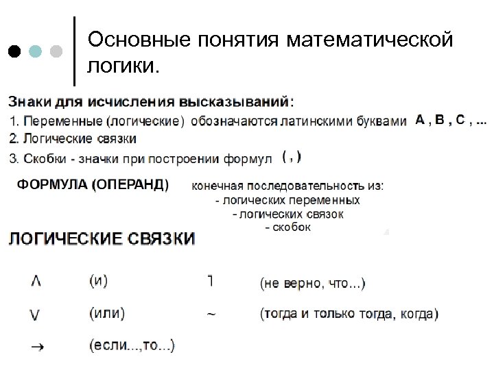 Логические термины. Основные понятия математической логики. Основные операции математической логики. Основные понятия математической логики формулы. Основные логические понятия.