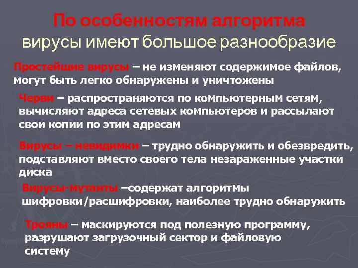 По особенностям алгоритма вирусы имеют большое разнообразие Простейшие вирусы – не изменяют содержимое файлов,